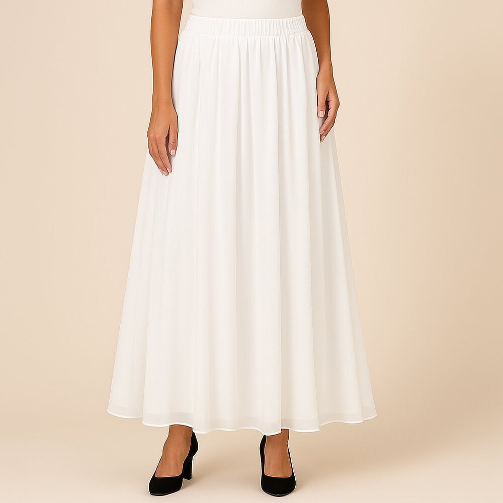 White Layered Chiffon Look Elastic Waist Midi Skirt L Lightweight Flowy
